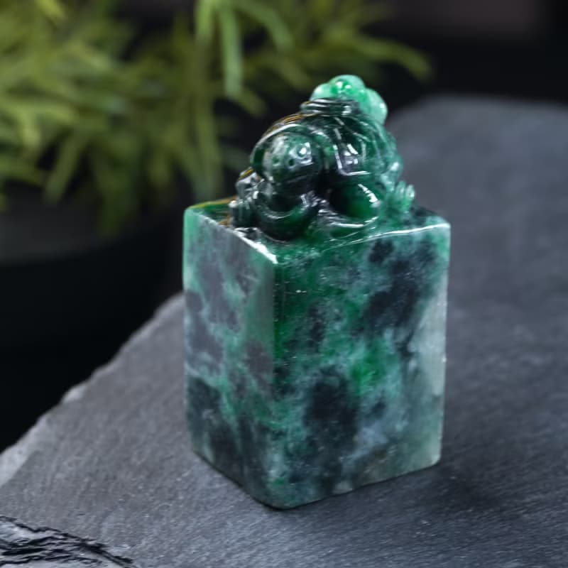【吉祥‧長壽】花青翡翠烏龜玉印章 | 天然緬甸玉翡翠A貨 | 送禮