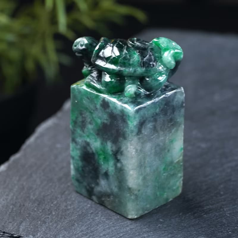 【吉祥‧長壽】花青翡翠烏龜玉印章 | 天然緬甸玉翡翠A貨 | 送禮