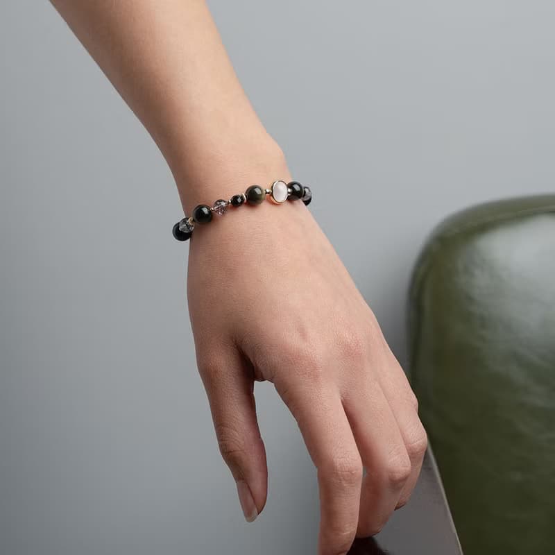 金沙黑曜石黑髮晶14K包金手鍊 不怕小人 水晶