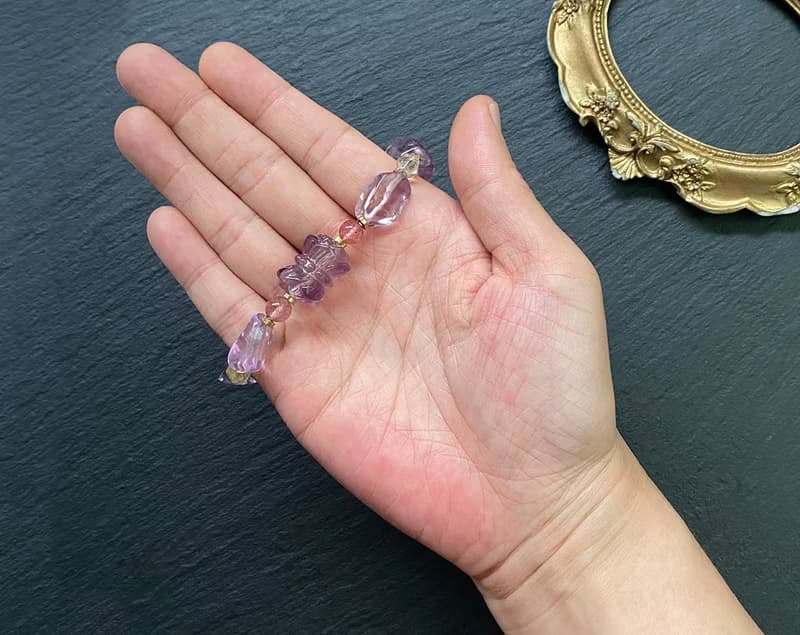 冰透紫水晶 金髮晶// 星光草莓晶//並蒂蓮螢石 黃銅手鍊 招財智慧
