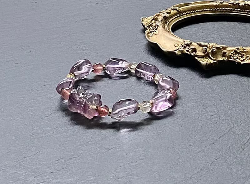 冰透紫水晶 金髮晶// 星光草莓晶//並蒂蓮螢石 黃銅手鍊 招財智慧