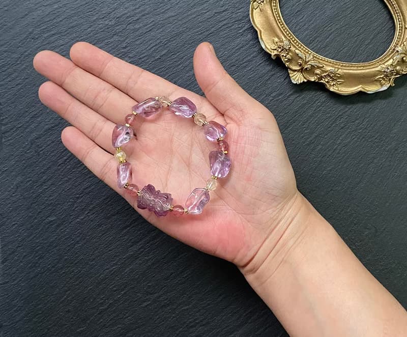 冰透紫水晶 金髮晶// 星光草莓晶//並蒂蓮螢石 黃銅手鍊 招財智慧