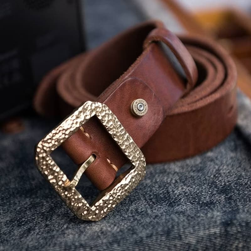 手工錘打實心黃銅扣 男士真皮皮帶腰帶3.8寬