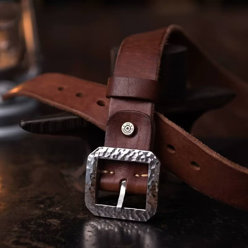 手工錘打實心黃銅扣 男士真皮皮帶腰帶3.8寬