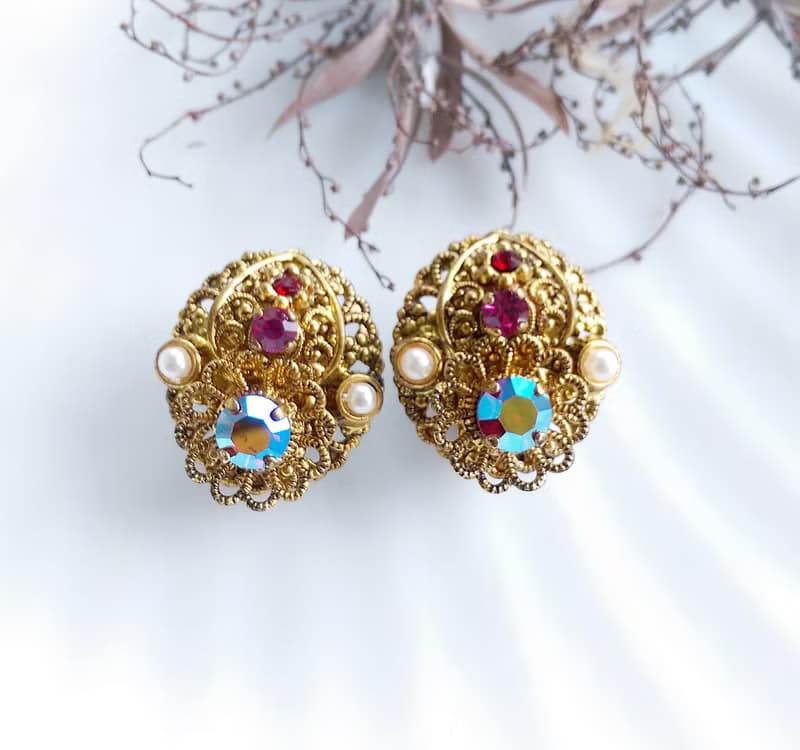 【西洋古董飾品 】西德製 花絲 立體優美 典雅 夾式耳環
