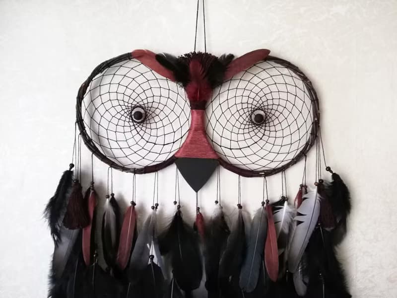 Large black dreamcatcher, Owl dream catcher, Owl ornament, Bedroom wall hanging