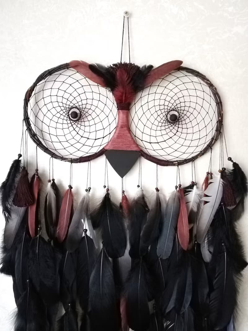 Large black dreamcatcher, Owl dream catcher, Owl ornament, Bedroom wall hanging