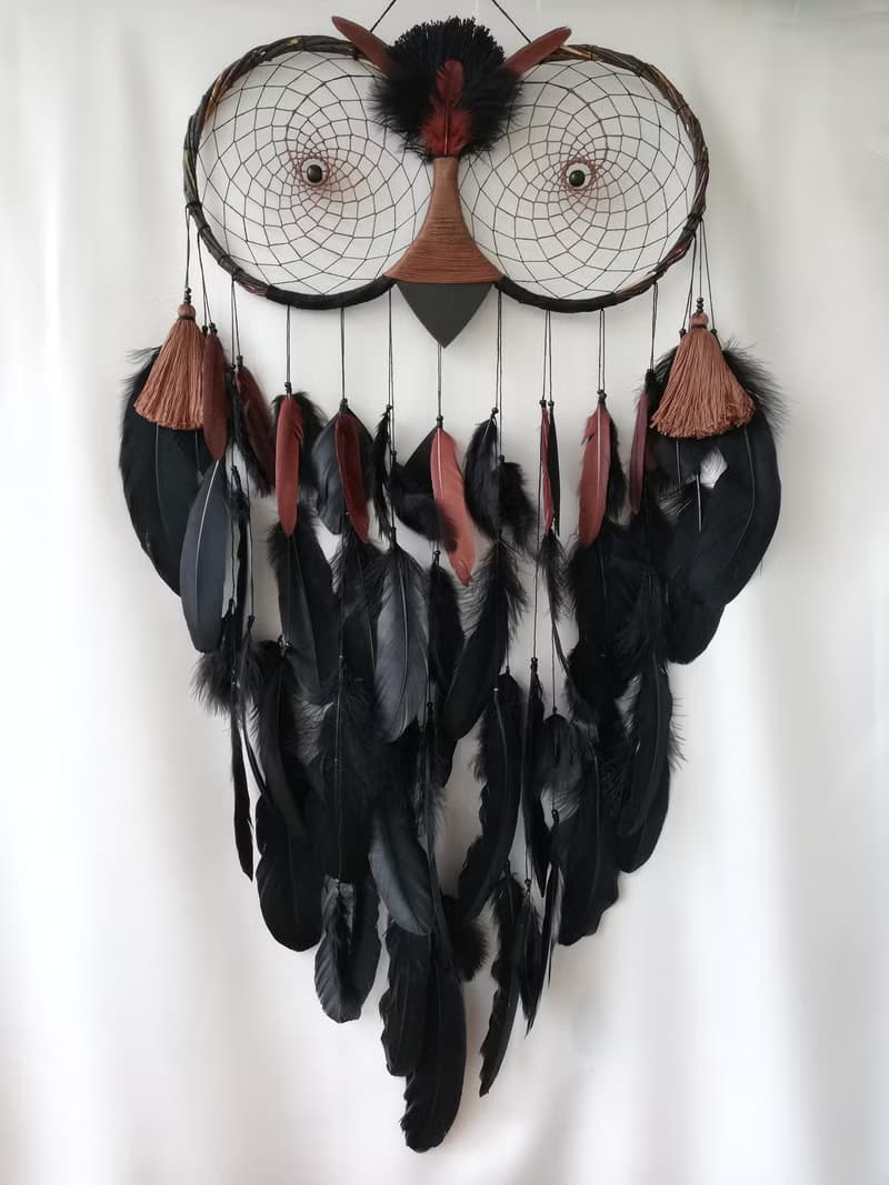 Large black dreamcatcher, Owl dream catcher, Owl ornament, Bedroom wall hanging