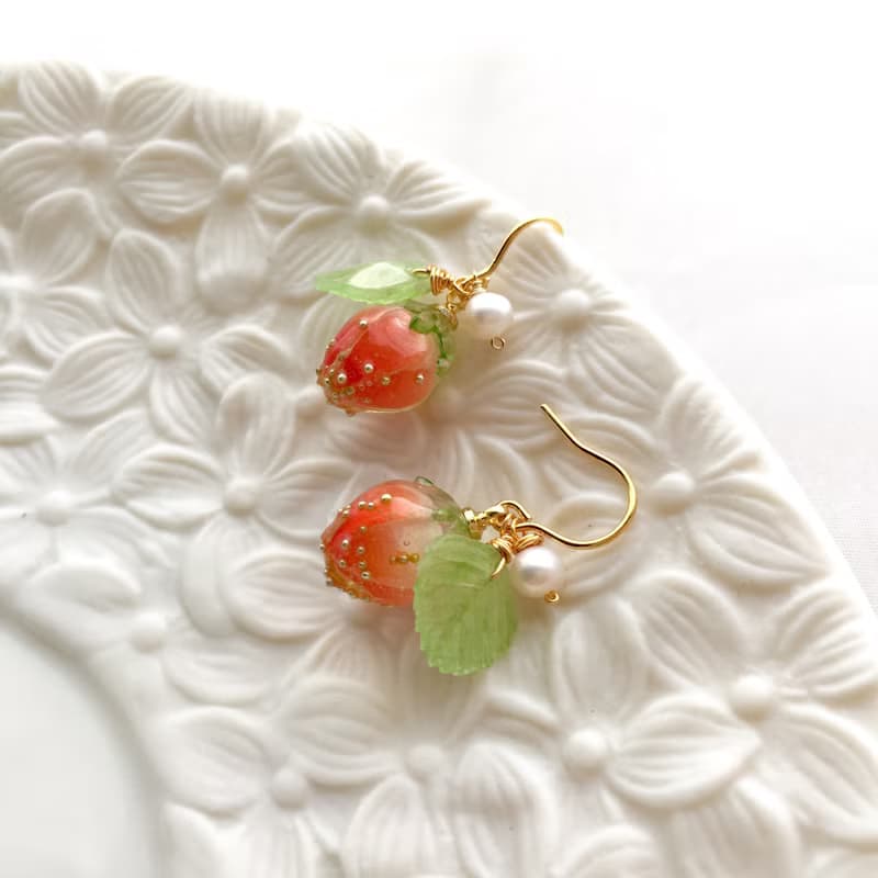 【若桑】【菓子舖】甜甜草莓糖。珍珠。14k包金耳環。
