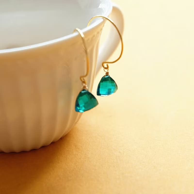 HiOnion原創簡約復古法式文藝氣質耳環孔雀藍石英水晶14k包金耳鉤