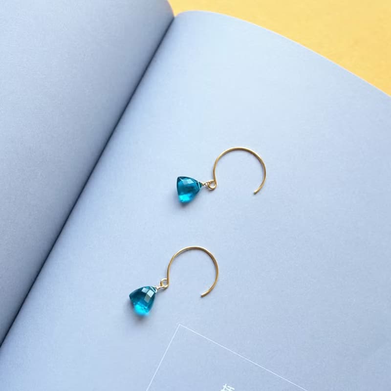 HiOnion原創簡約復古法式文藝氣質耳環孔雀藍石英水晶14k包金耳鉤