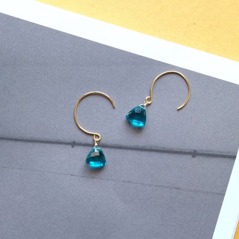 HiOnion原創簡約復古法式文藝氣質耳環孔雀藍石英水晶14k包金耳鉤