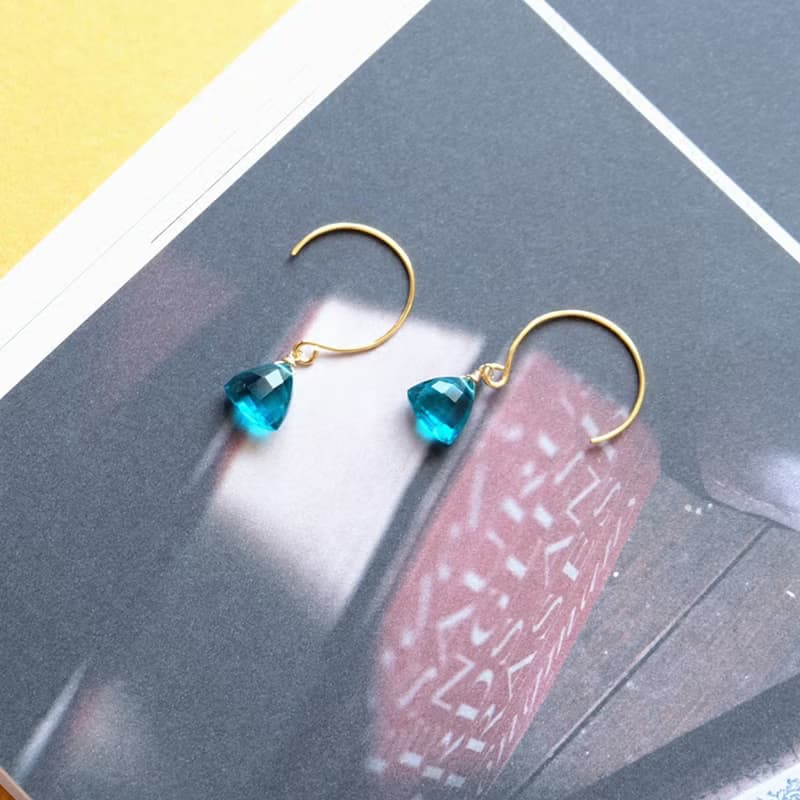 HiOnion原創簡約復古法式文藝氣質耳環孔雀藍石英水晶14k包金耳鉤