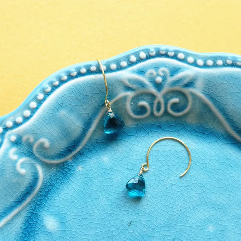 HiOnion原創簡約復古法式文藝氣質耳環孔雀藍石英水晶14k包金耳鉤