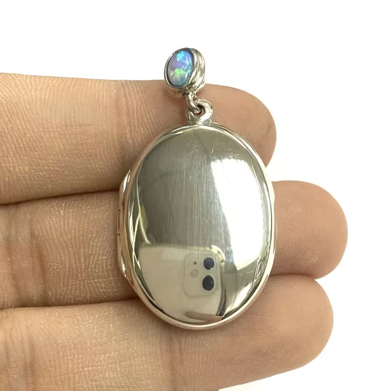 Classic Oval Memorial Locket Pendant Light Blue Gilson Opal 925 Sterling Silver