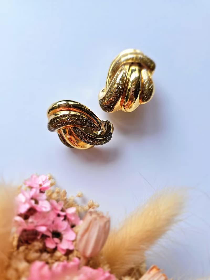 金沙緞帶流線摩登夾式耳環/vintage美國西洋古董飾品