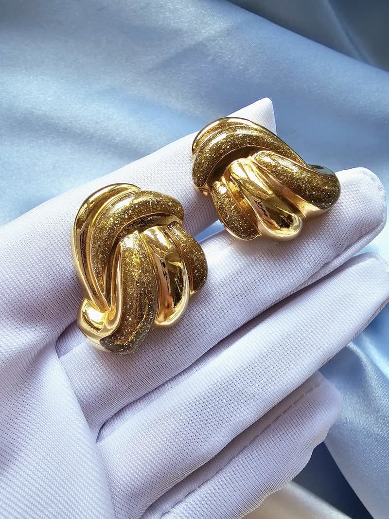 金沙緞帶流線摩登夾式耳環/vintage美國西洋古董飾品