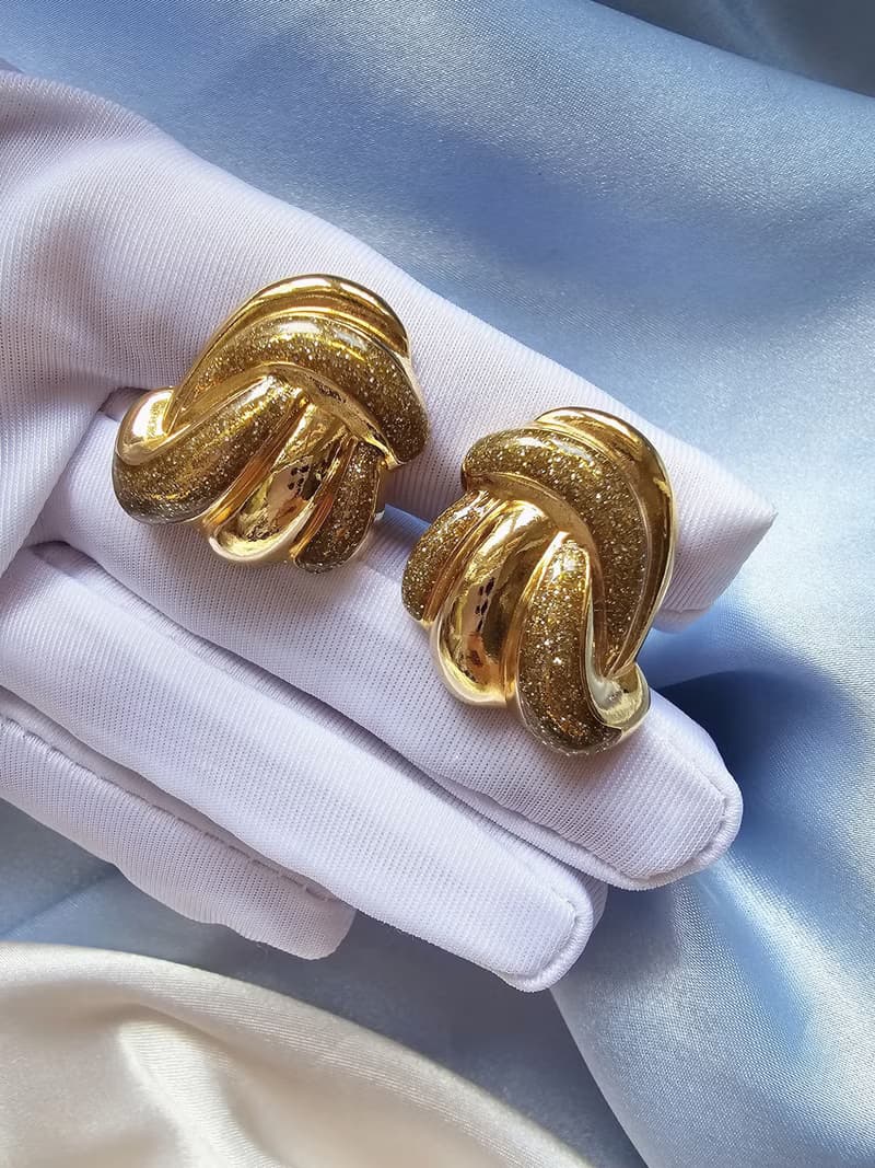 金沙緞帶流線摩登夾式耳環/vintage美國西洋古董飾品