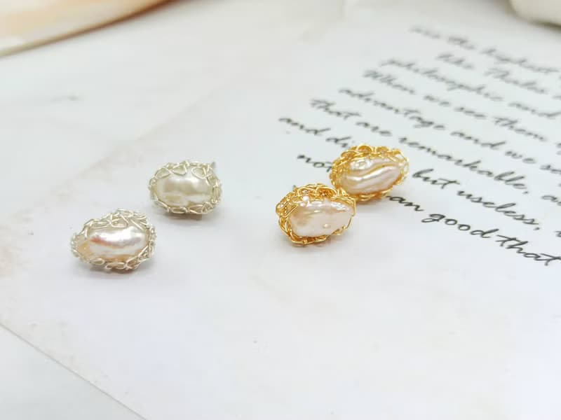 【金屬編織系列】天然不規則珍珠耳針耳夾耳環 金色/銀色