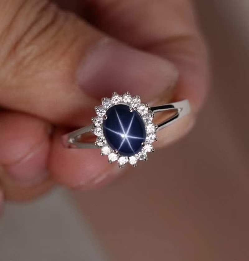 3.28 ct Natural star blue sapphier ring silver sterling size 7.0 free resize