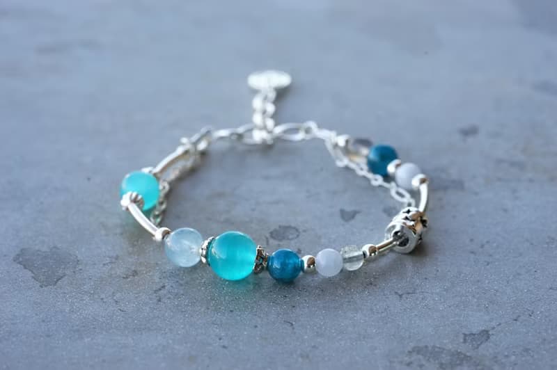 冰川 - 天河石 磷灰石 拉長石 海藍寶 925純銀 雙鍊手鍊