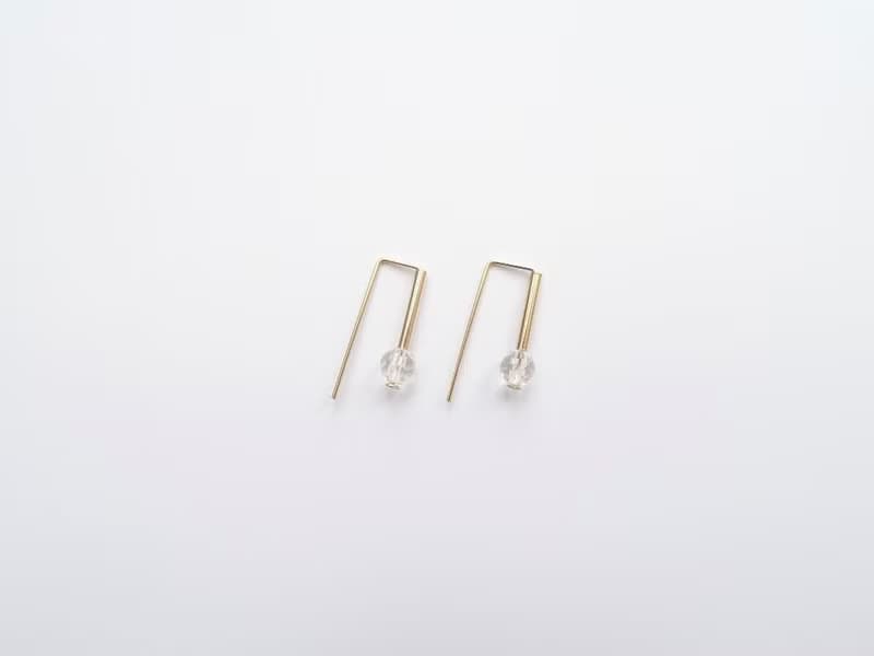 極簡幾何 天然白水晶 14K GF 包金 小直管長方開口耳環