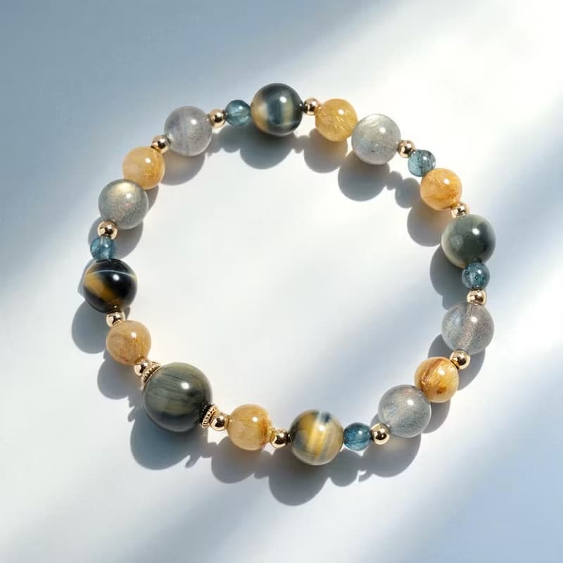 黃藍虎眼石金鈦晶拉長石14K包金手鍊