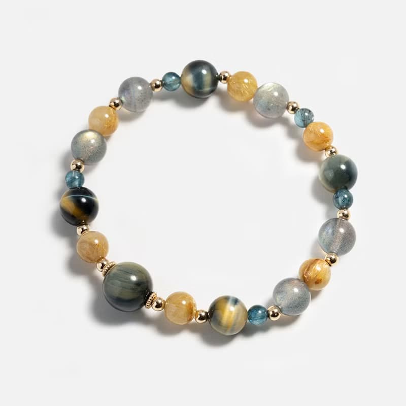 黃藍虎眼石金鈦晶拉長石14K包金手鍊