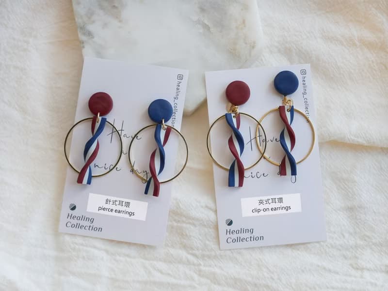 療癒收藏室 | 優雅的慶典 法式紅白藍旋轉緞帶圓圈手工軟陶耳環