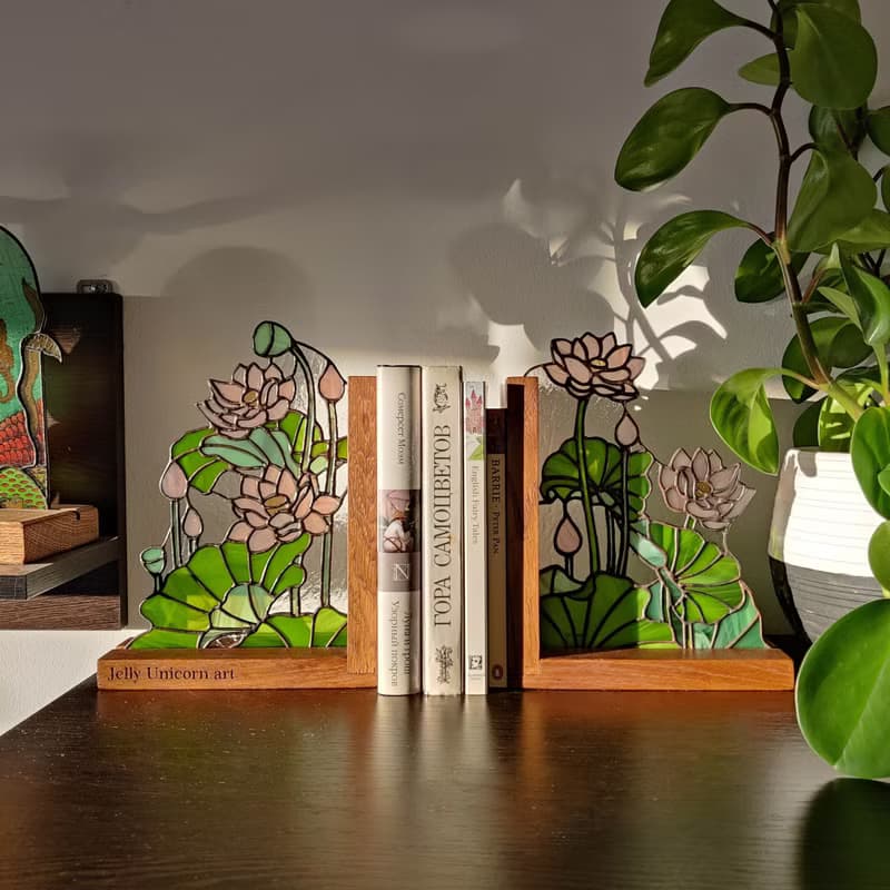 Stained glass bookends with flowers, Flower home decor
