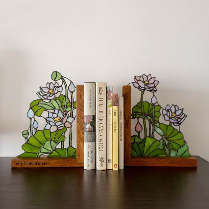 Stained glass bookends with flowers, Flower home decor