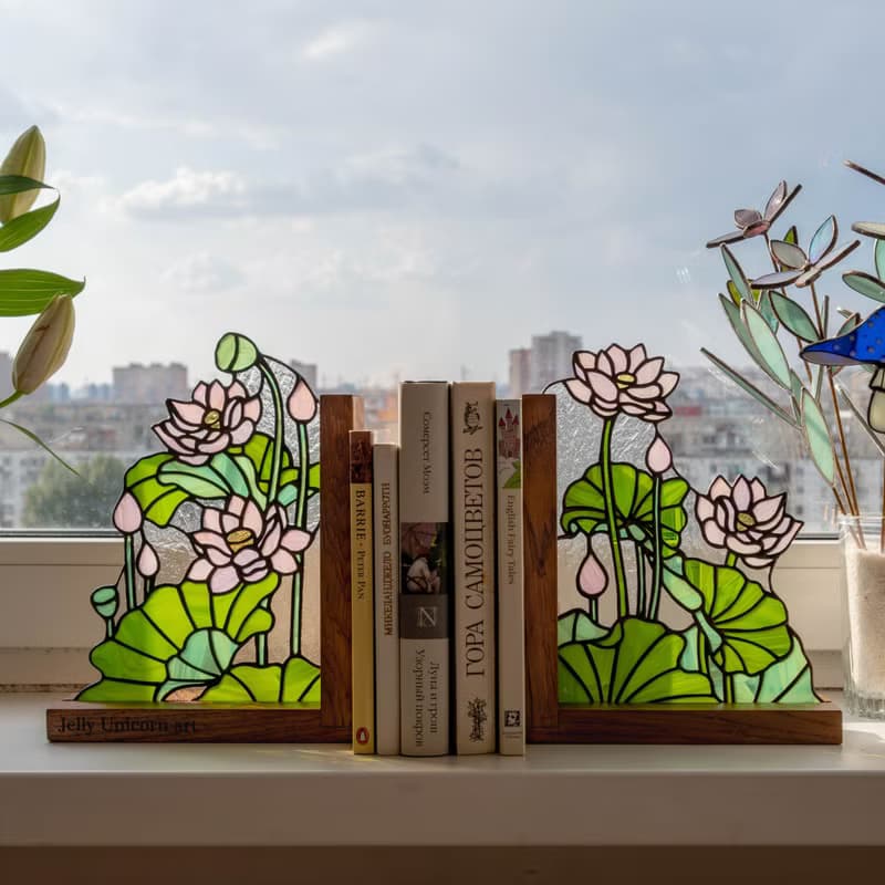 Stained glass bookends with flowers, Flower home decor