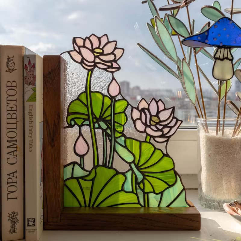 Stained glass bookends with flowers, Flower home decor