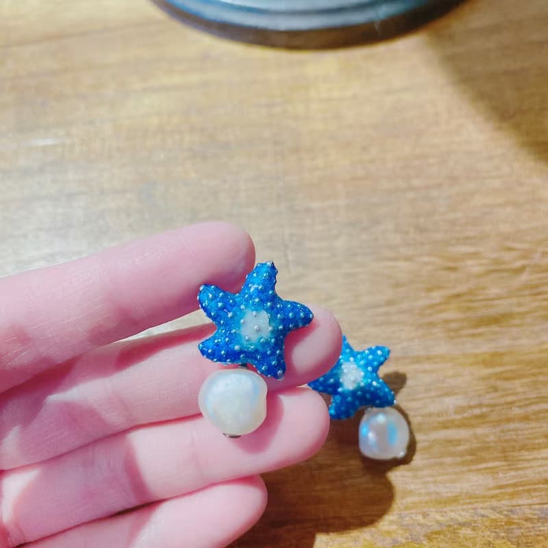藍色海星 鸚鵡螺 珍珠耳環 可訂製耳夾
