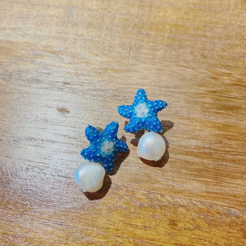 藍色海星 鸚鵡螺 珍珠耳環 可訂製耳夾