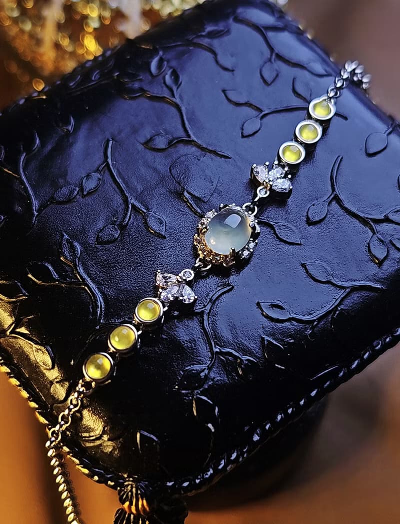 財富滿盈|冰玻瑩光無燒黃翡•淡藍翡|緬甸A貨翡翠純銀手鏈