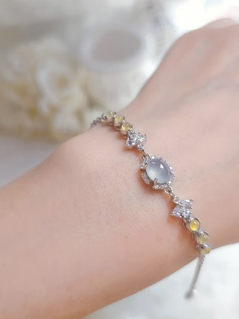 財富滿盈|冰玻瑩光無燒黃翡•淡藍翡|緬甸A貨翡翠純銀手鏈