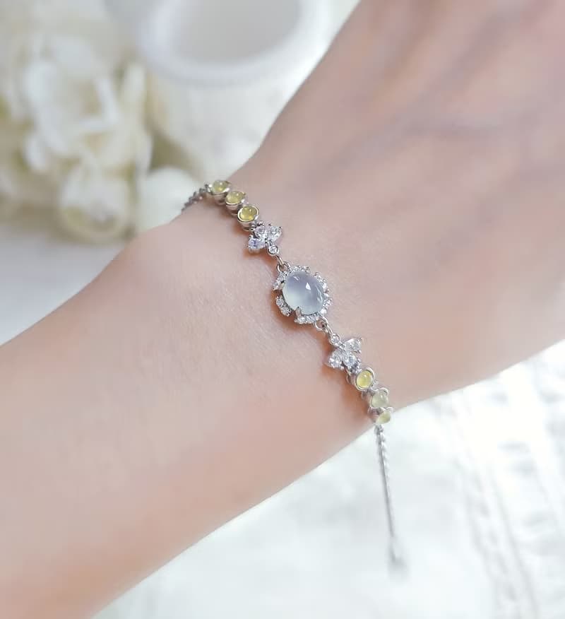 財富滿盈|冰玻瑩光無燒黃翡•淡藍翡|緬甸A貨翡翠純銀手鏈