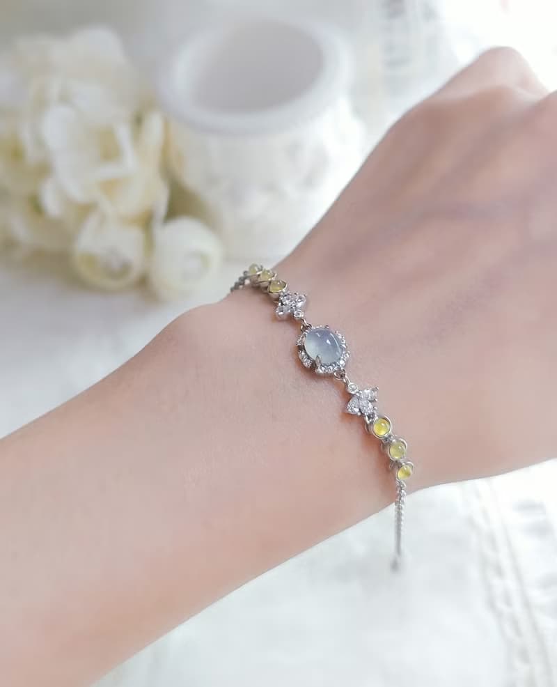 財富滿盈|冰玻瑩光無燒黃翡•淡藍翡|緬甸A貨翡翠純銀手鏈