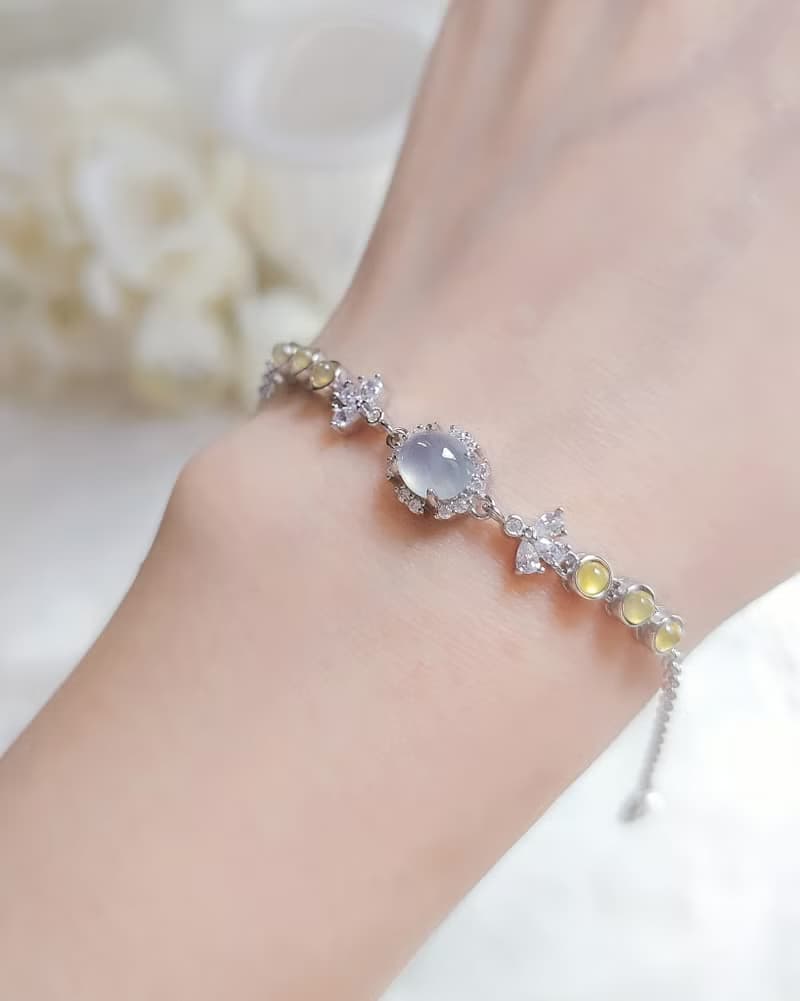 財富滿盈|冰玻瑩光無燒黃翡•淡藍翡|緬甸A貨翡翠純銀手鏈