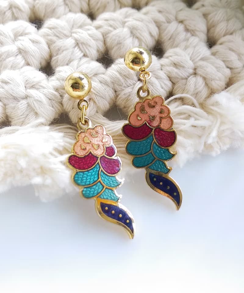 Vintage Jewelry 西洋古董飾品 景泰藍  彩花瓣 針式耳環