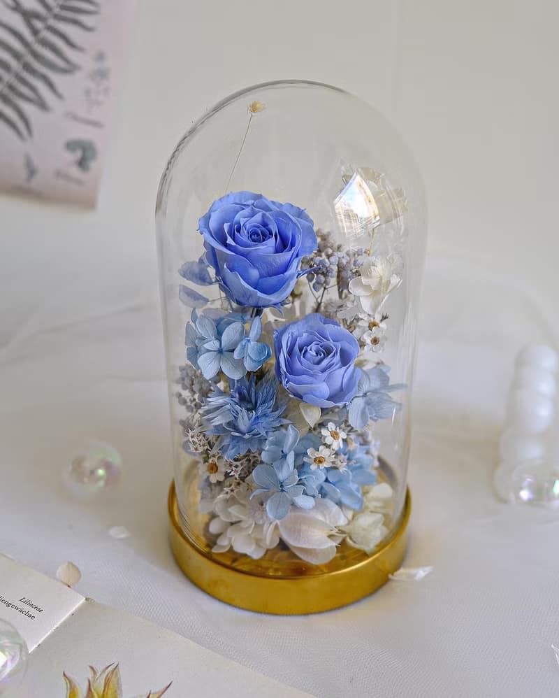 天空藍玻璃花盅-永生玫瑰花 情人節禮物 教師節