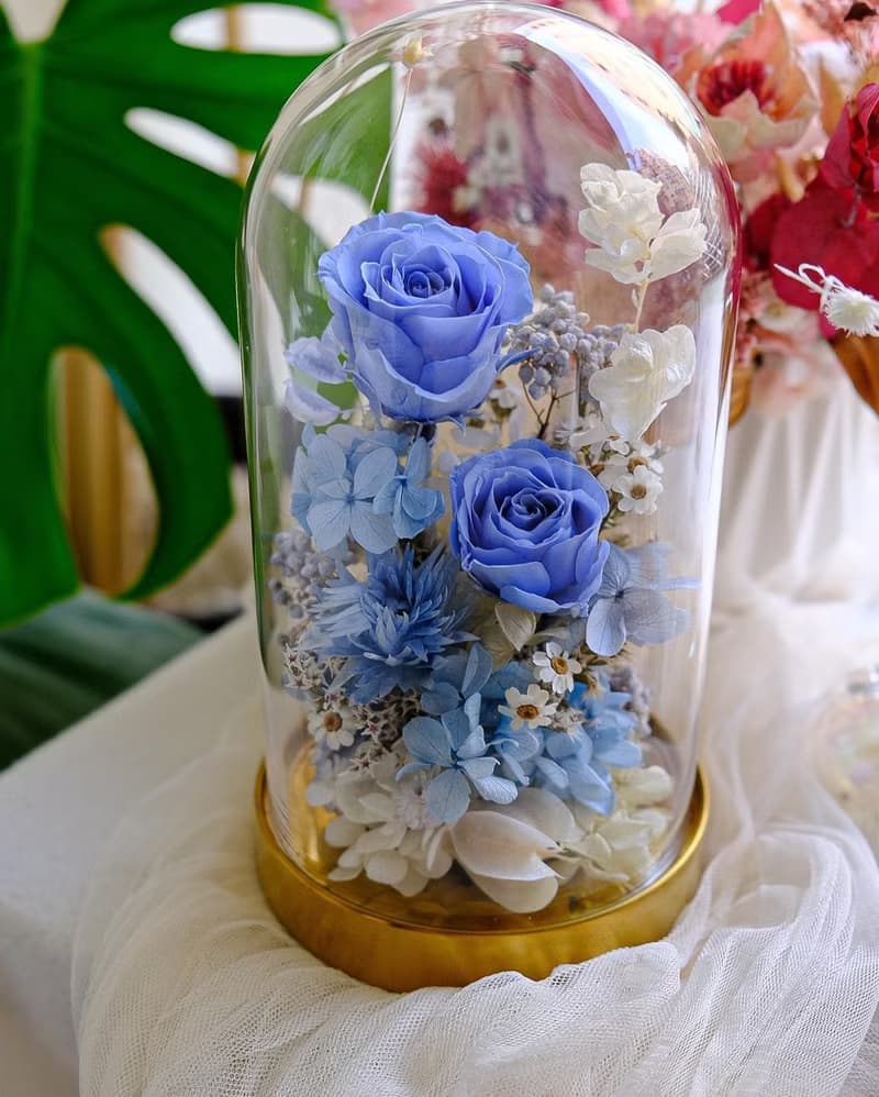 天空藍玻璃花盅-永生玫瑰花 情人節禮物 教師節