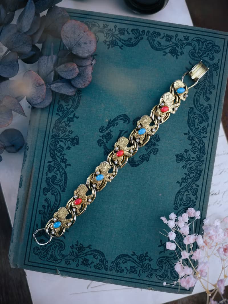 Florenza 雄獅藍橘與珍珠復興風格手鍊—美國古董首飾 Vintage