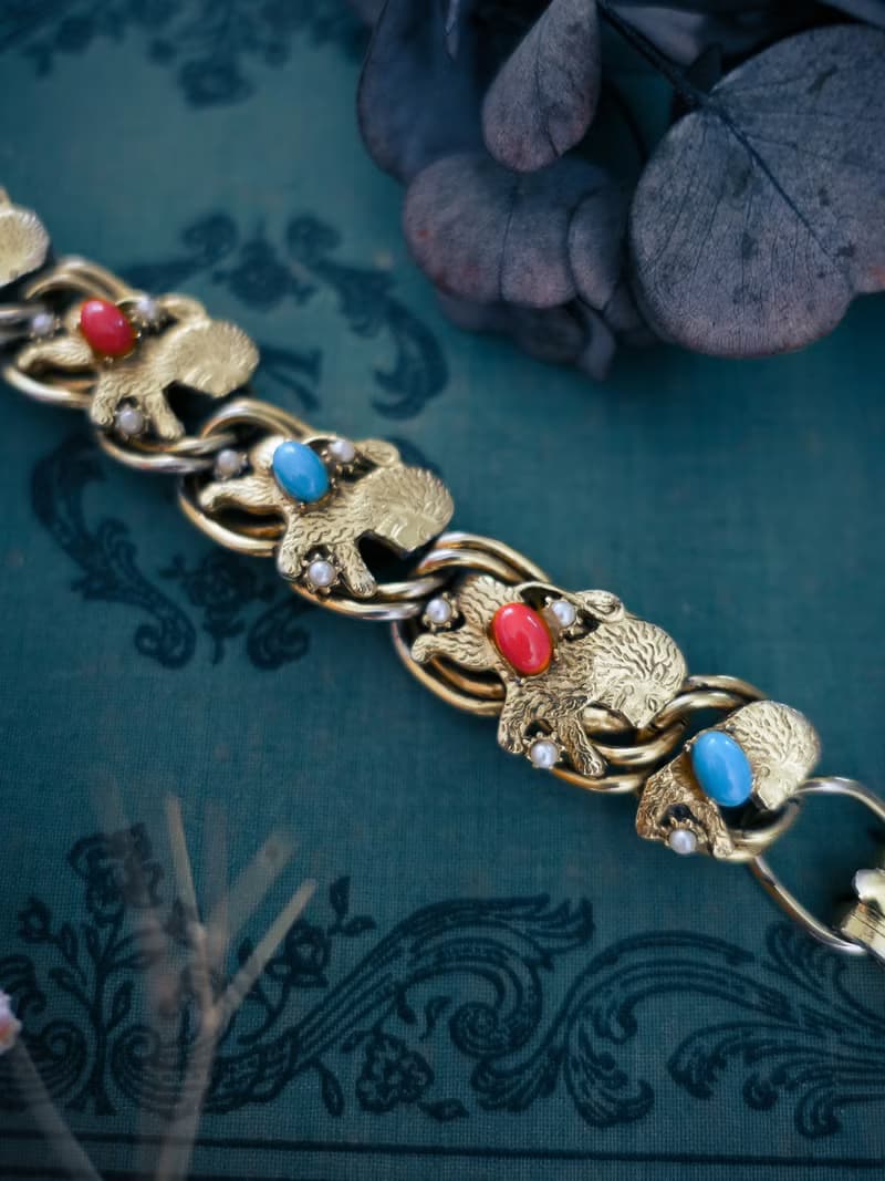 Florenza 雄獅藍橘與珍珠復興風格手鍊—美國古董首飾 Vintage