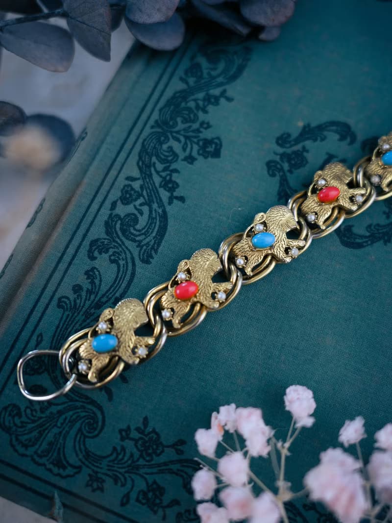 Florenza 雄獅藍橘與珍珠復興風格手鍊—美國古董首飾 Vintage