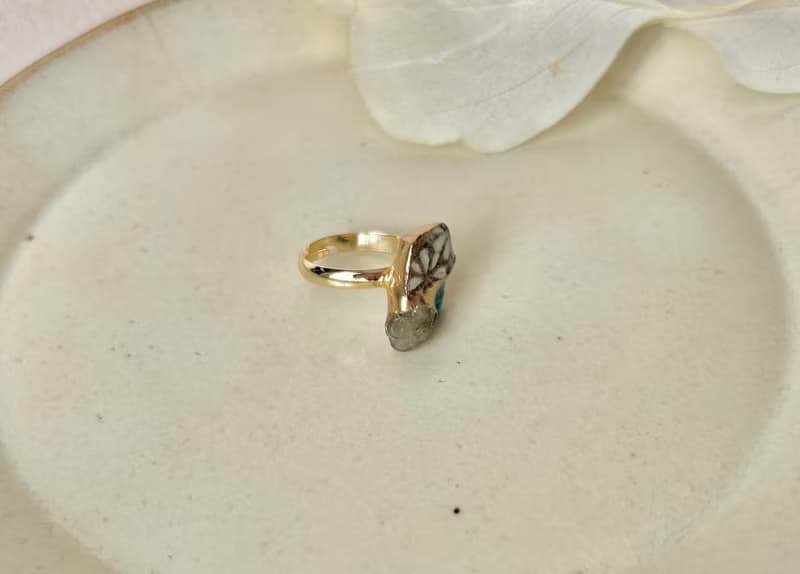 京焼　金継ぎ  リング　14K コーティング  フリーサイズ 　花柄　アパタイト　グリーンルチルクォーツ　天然石　伝統工芸　No.66