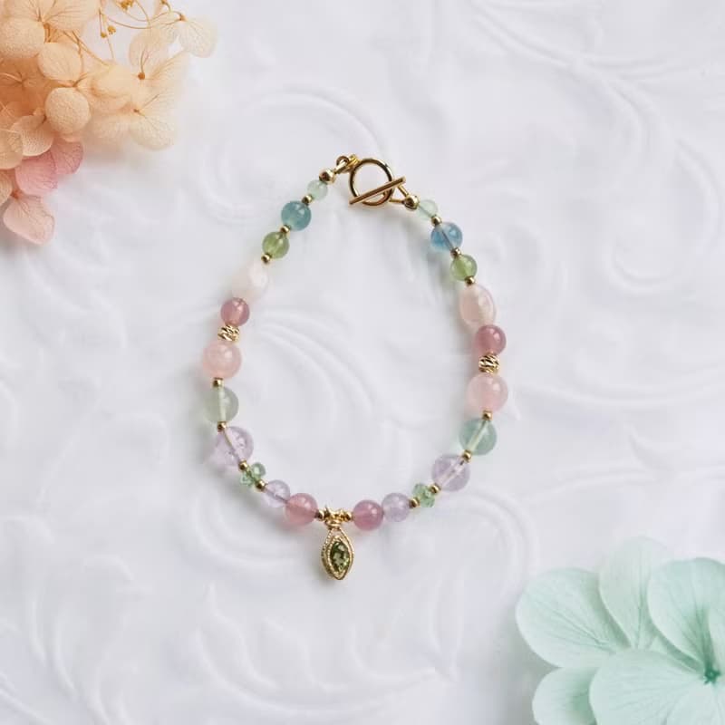 莓果氣泡水─透明水彩 | 粉晶、螢石、紫水晶 天然石手鍊 14k包金