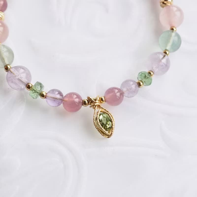 莓果氣泡水─透明水彩 | 粉晶、螢石、紫水晶 天然石手鍊 14k包金