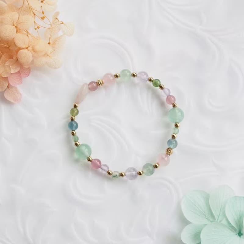 莓果氣泡水─透明水彩 | 粉晶、螢石、紫水晶 天然石手鍊 14k包金
